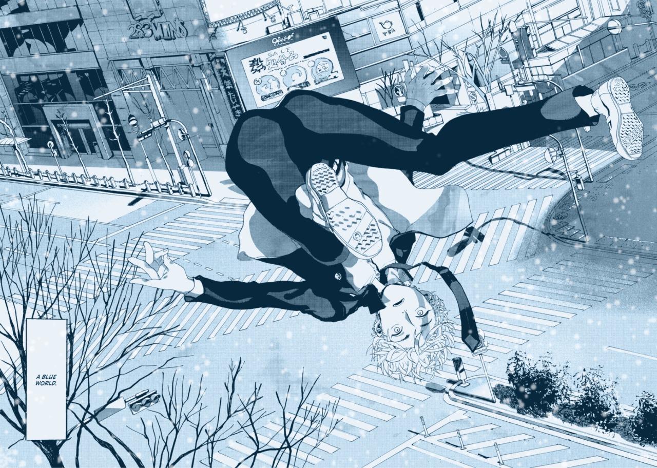 Blue-toned illustrated city scene with two figures crossing a street